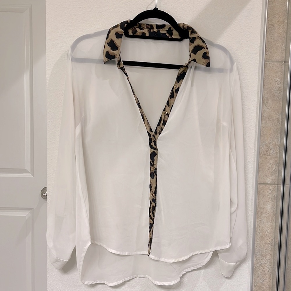 White & Leopard Button Down Blouse